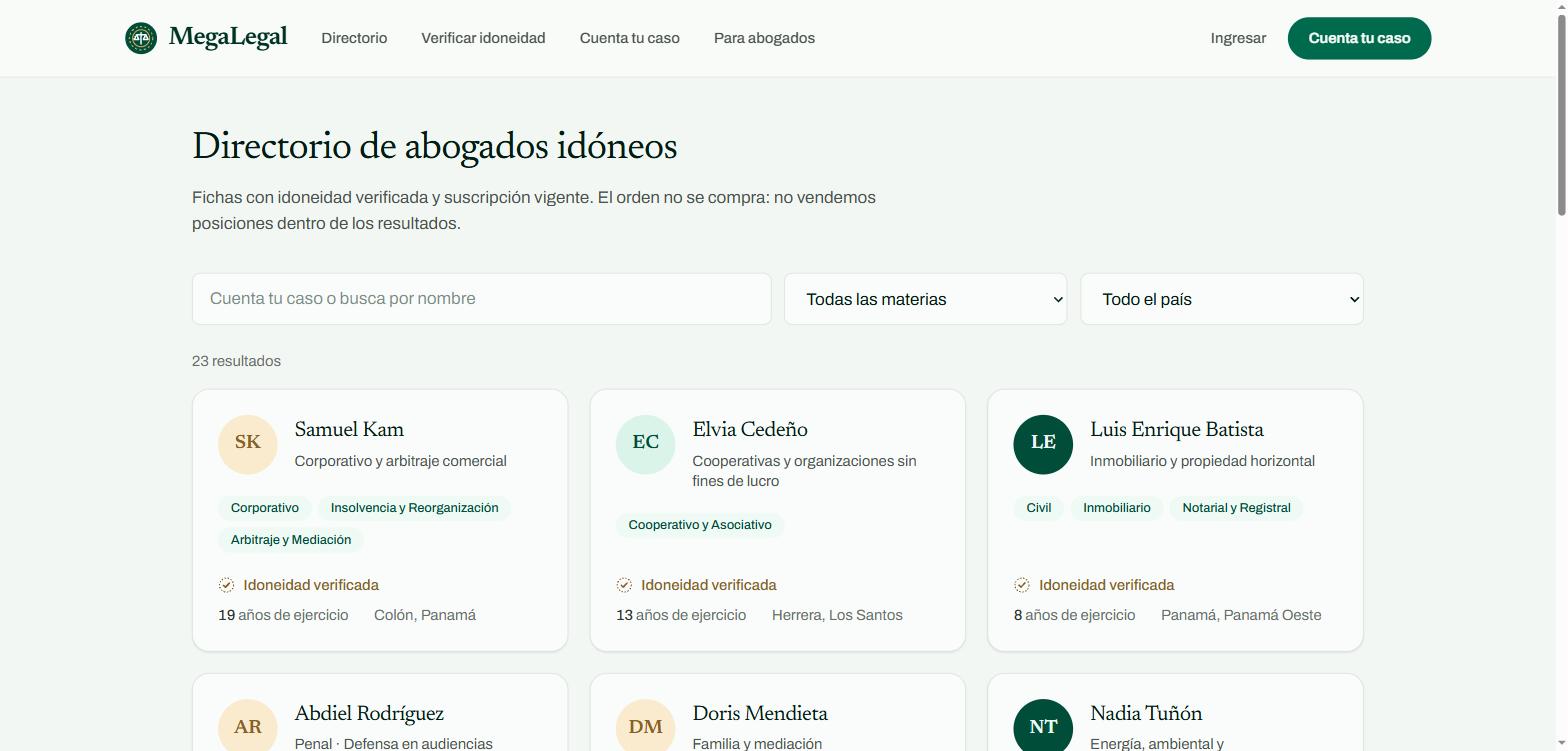 Directorio de MegaLegal con buscador, filtros por materia y provincia, y tarjetas de abogados con el sello de idoneidad verificada.