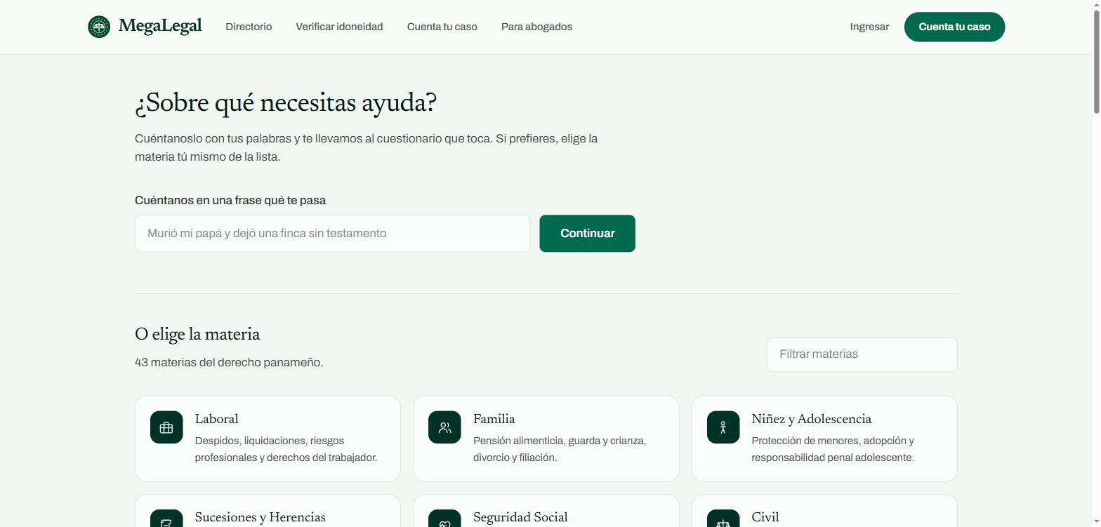 Pantalla Cuenta tu caso de MegaLegal: campo para describir el caso en una frase y cuadrícula con las 43 materias.