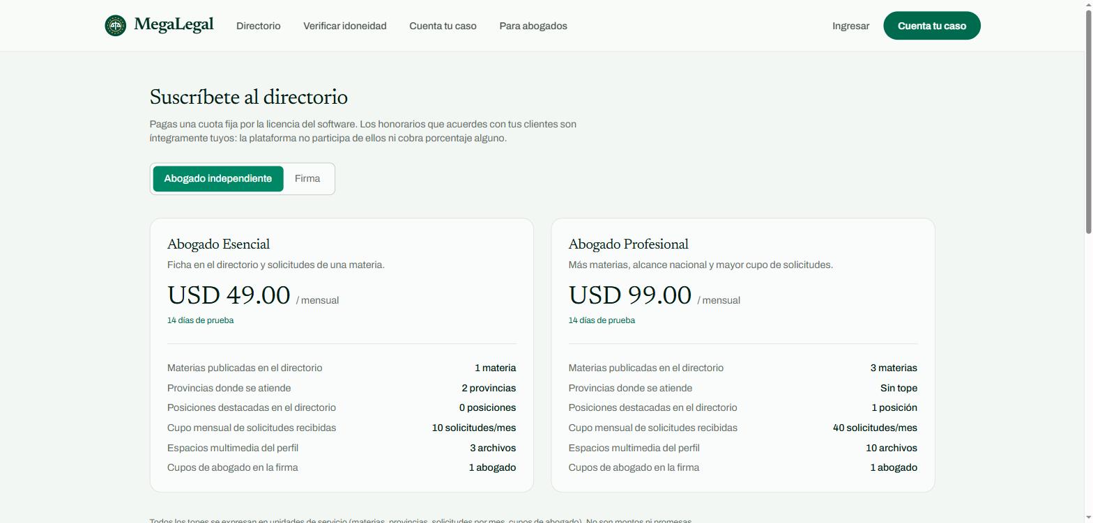 Página de planes de MegaLegal con la cuota mensual y los topes expresados en materias, provincias, solicitudes y cupos.