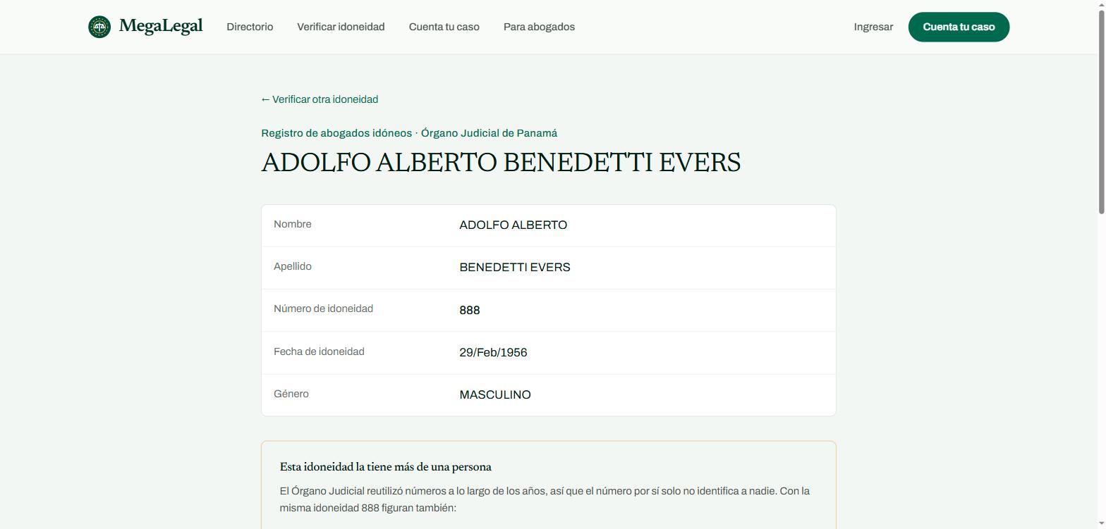 Ficha del registro judicial en MegaLegal con nombre, apellido, número y fecha de idoneidad, y aviso de que ese número lo tiene más de una persona.