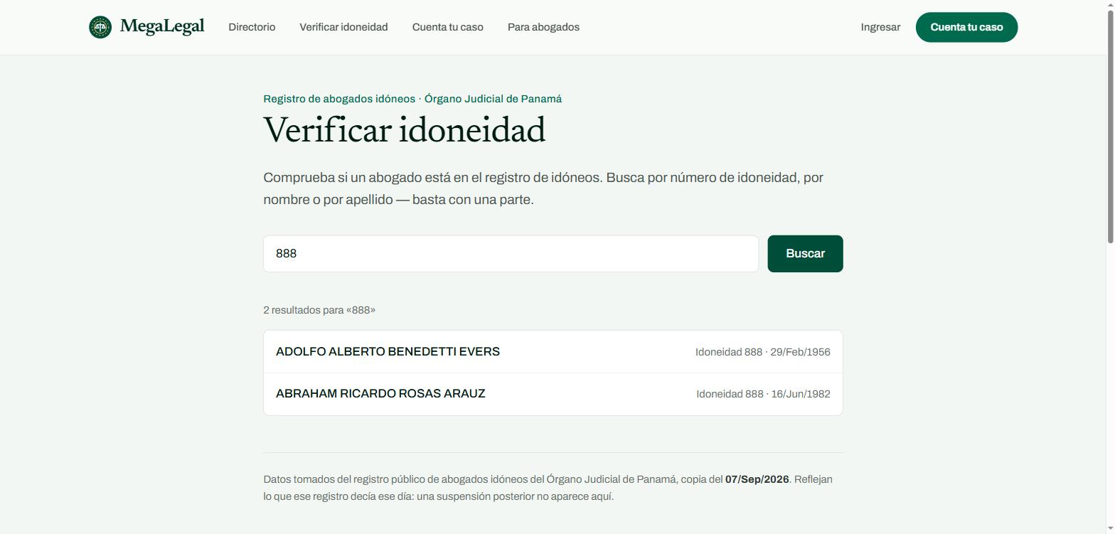 Verificador de idoneidad de MegaLegal mostrando dos abogados distintos que comparten el número de idoneidad 888.